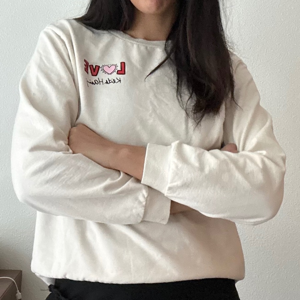 Keith Haring Love Heart Graphic Sweatshirt Cream Large Pop Art Pullover